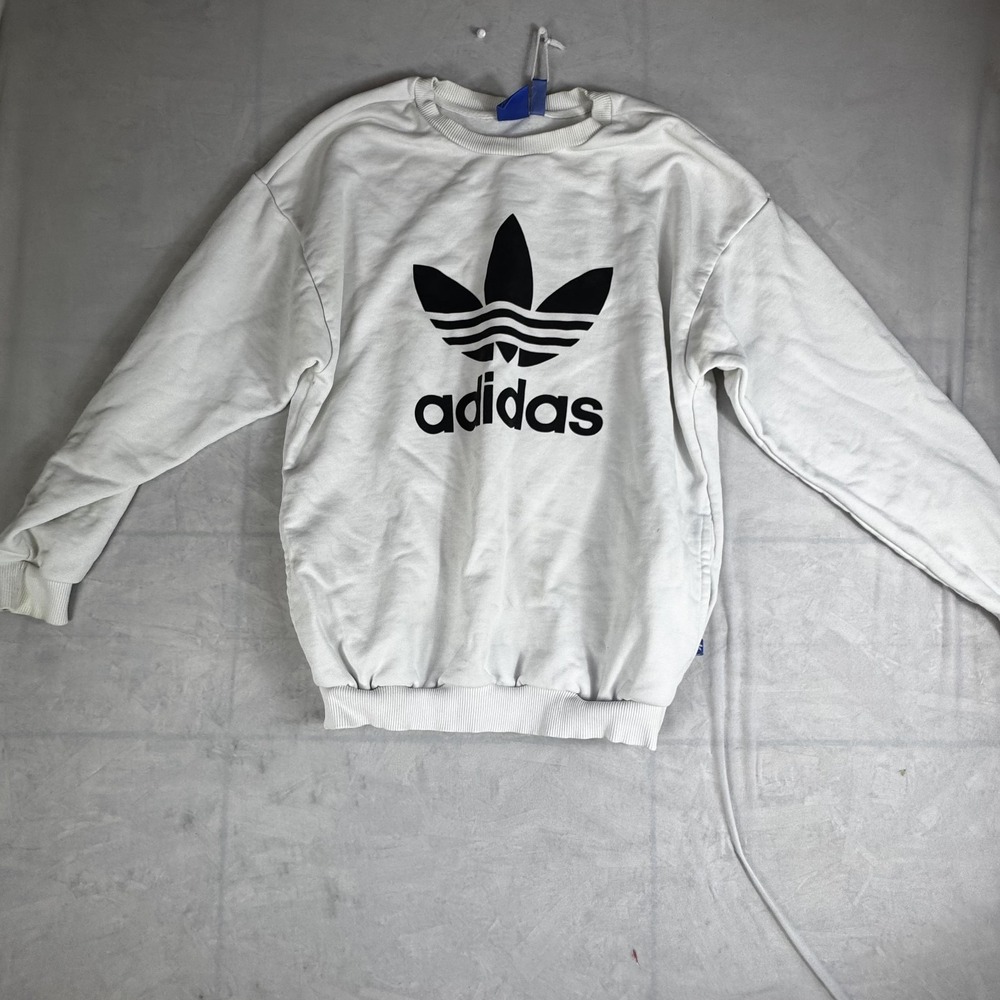 Adidas Sweatshirt Women Small White Trefoil Logo Ribbed Hem Long Sleeve Crewneck